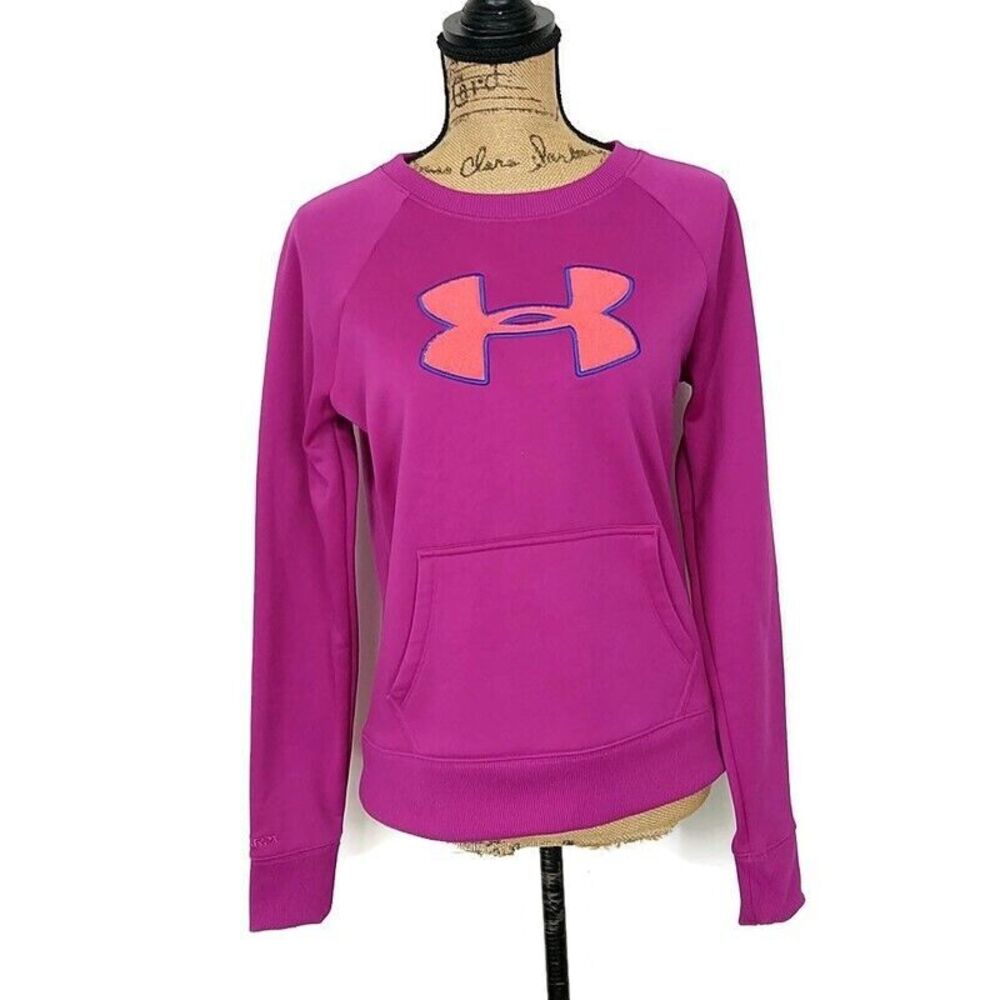 Under Armour Womens sz M Sweatshirt Pink Logo Long Sleeve Pullover Front Pocket